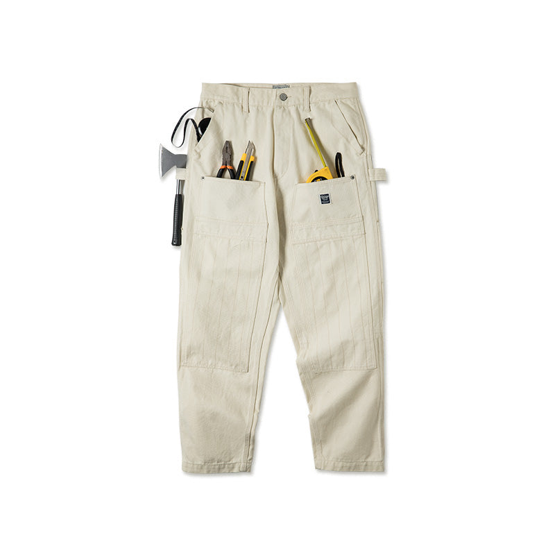 Retro Multi-pockets Workwear Beige Pants