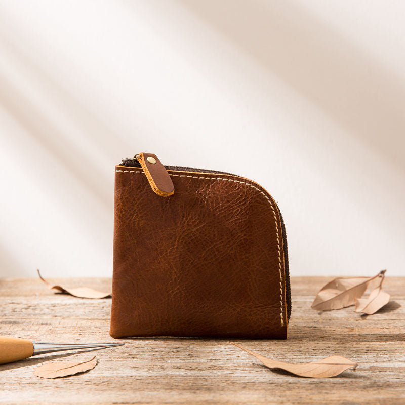 Original Hand-made Leather Short Zipper Wallet