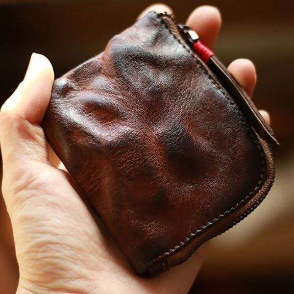 Vintage Handmade Leather Zipper Cards Holder Coin Wallet
