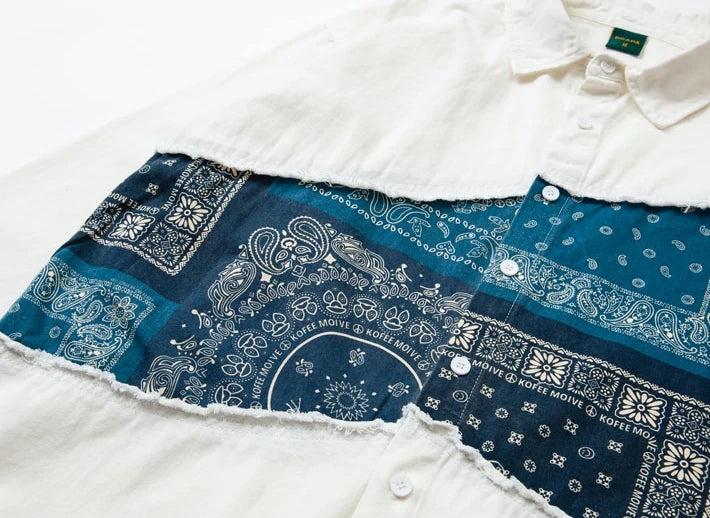 Retro Ethnic Blue Cashew Flower Stitching Men's Long-sleeved Shirt