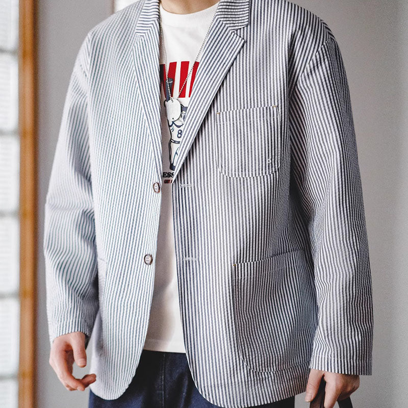 Retro Casual Seersucker Striped Suit Jacket Cityboy Lapel Outwears