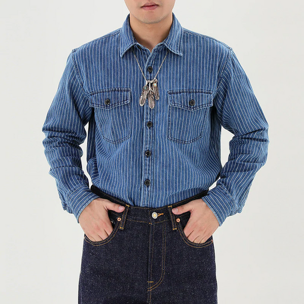Retro Stripe Denim Shirts In Blue