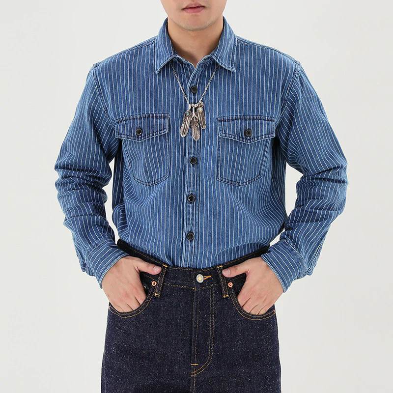 Retro Stripe Denim Shirts In Blue