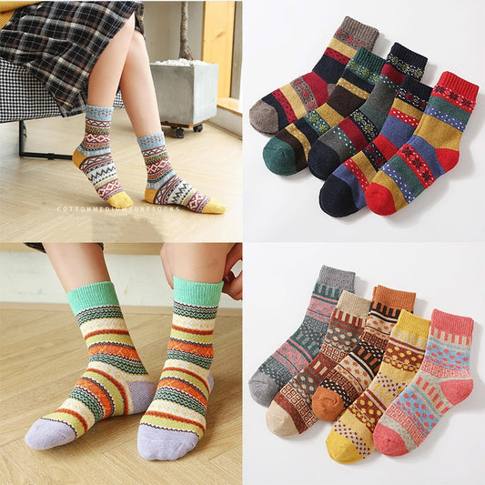 Women 5 Pairs Retro Ethnic Style Knitting Wool Socks