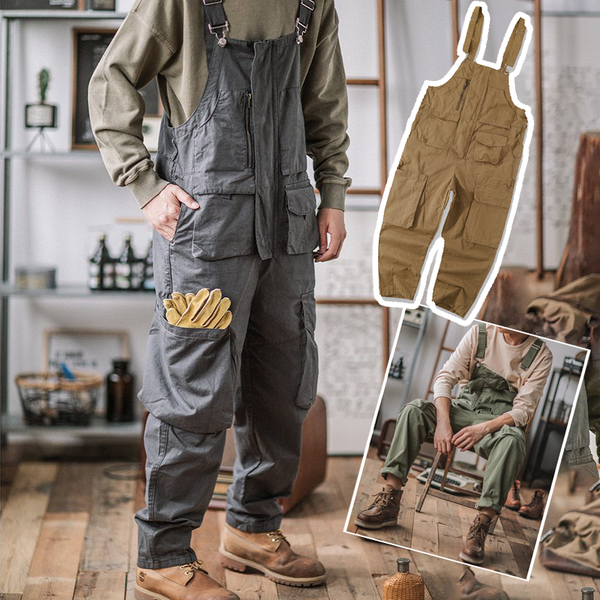 Retro Cargo Overalls Navy Deck Denim Bib Overalls Washed Denim Straight  Jeans Japanese Men's Pocket Jumpsuit Trendy Street Wear