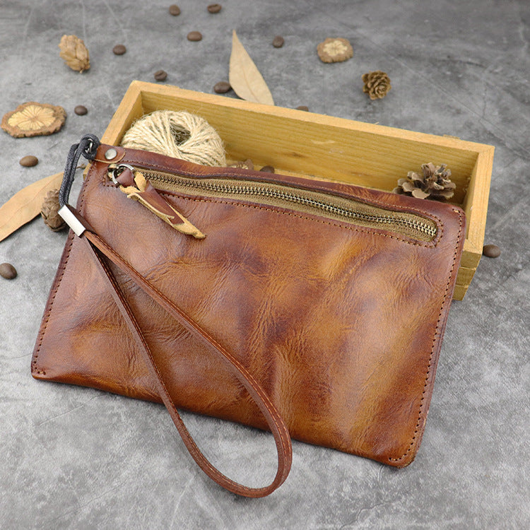 Original Leather Handmade Clutch bag Retro Zipper Envelope Bag