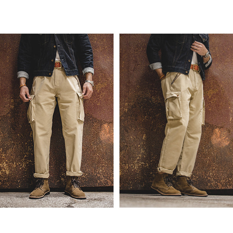 Retro Khaki Military Style Casual Cotton Pockets Pants